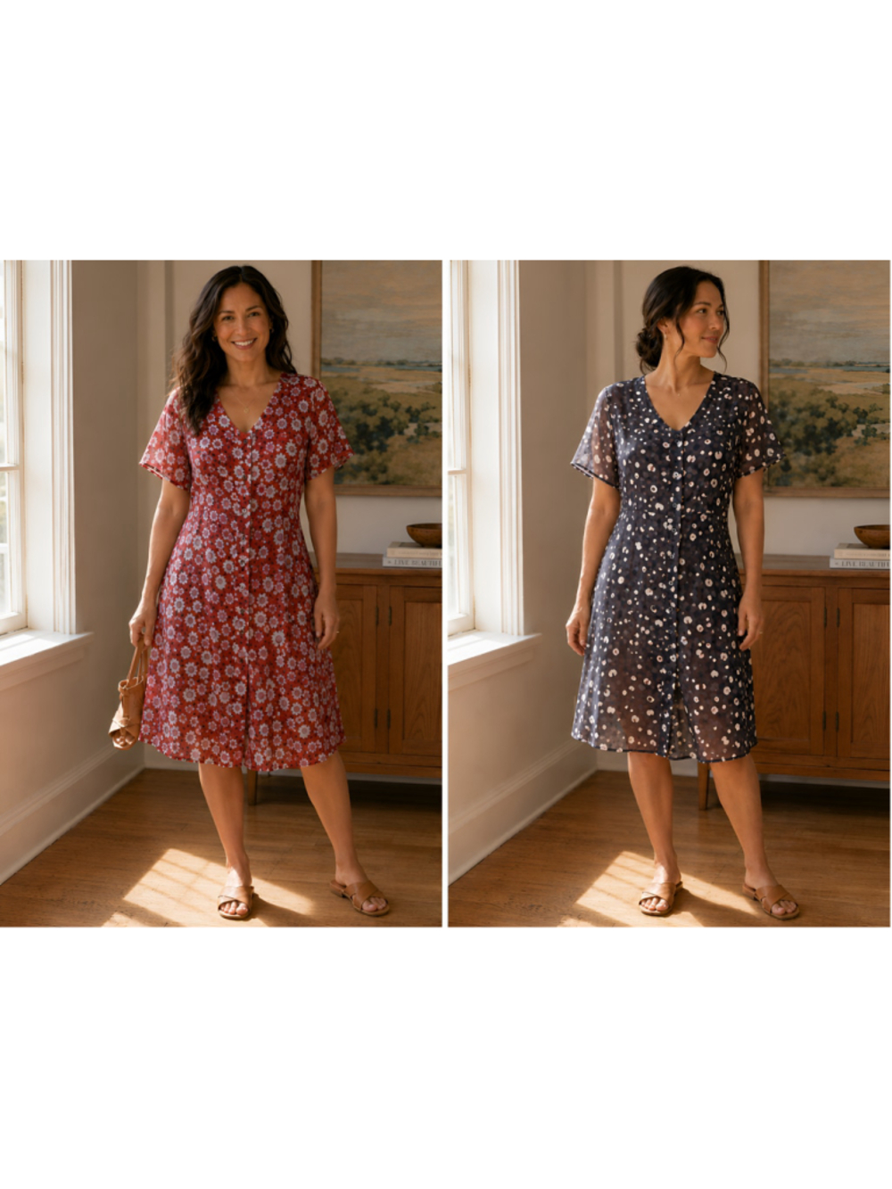 Cabi Gemini Small Reversible Dress Red Floral Dot Print Button Front Smocked
